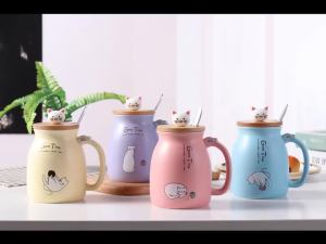 Cute Cartoon Ceramic Cup Japanese Coffee Mug with Wooden Lid and Spoon Iced Yogurt Smoothie Juice Cup Heat-resistant Water Mug