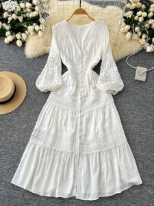 Váy Dài Tay Đèn Lồng Cổ Chữ V Thanh Lịch Cho Nữ Mùa Thu Đông Váy Midi Chữ a Cạp Cao Chất Liệu Khác Kiểu Hàn Quốc