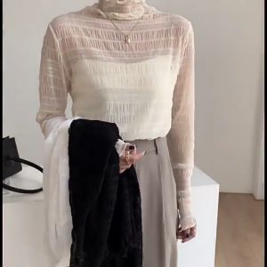 CB BJ1627 Pakaian Sweter Turtleneck Korea Atasan Lace Transparan Lengan Panjang Mewah Elegan