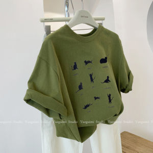 Green Cat Short Sleeve T-Shirt Womens Summer Stylish Niche Loose Easiest for Match Casual Half-Sleeve Pure Cotton Shoulder Tops