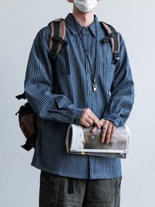 Retro Washed Striped Long Sleeve Mens Casual Shirt Loose Fit Spring Autumn Cityboy Style Single Button Closure Striped Pattern