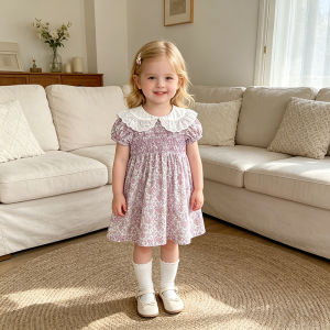 2026 Summer New 2-6Yrs Baby Dress Girl Purple Princess Puff Sleeve Korean Style Peter Pan Collar Kid Cotton Cute Party Dress