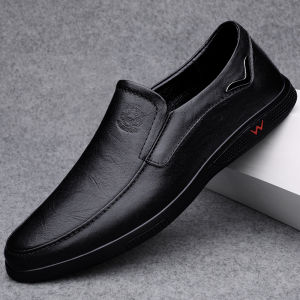 Casual Leather Shoes Soft Leather Genuine Cowhide Slip-On Mens Breathable Hollow out Flat Heel round Toe Rubber Outsole