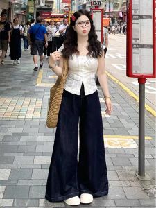 กางเกงขายาวทรงตรง เอว รุ่น เดนิม กางเกงยีนส์ สำหรับผู้หญิง พลัสไซส์ ฤดูใบไม้ผลิ ฤดูร้อน หลวม ทรงพอดีตัว พรางหุ่น ทรงขากว้าง ยาวคลุมเท้า กางเกงขายาว