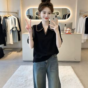 SHIMANQING | Elegant Chic Black Polo Collar Straight Shoulders T-Shirt