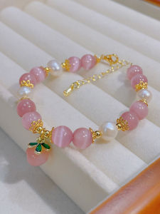 Pink Cats Eye Stone Bracelet Womens Luxury Exquisite Agate Pearl Bracelet Student Best Friend Gift Original Design Mixed Material