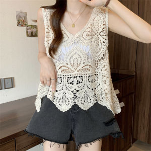 Loose Womens Knitted Vest Hollow out V-Neck Sleeveless Top Korean Style Outerwear Inner Match Large Size Hook Flower