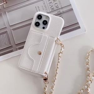 Ốp Điện Thoại Da Cao Cấp Chống Sốc Cho iPhone Với Dây Đeo Kim Loại Gương Nhỏ Kẹp Thẻ Thiết Kế Ví Đeo Chéo