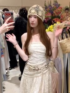 Elegant Island Style Vacation Feel Folded Strapless Embroidery Hollow out Texture Super Fairy Long Dress Womens Skirt