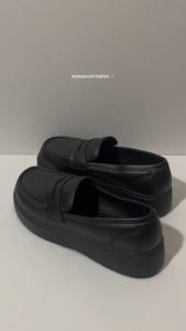 SHUTA Waterproof black rubber loafers Womens easy on slip-on non-slip work & school black shoes