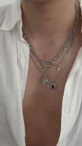 Ingemark 4Pcs/Set Hip-Hop Punk Inlay Black Geometry Rhinestone Pendant Necklace Men Trendy Adjustable Chain Street Jewelry New