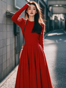 Red A-Line Midi Dress Womens Spring Autumn 2025 New Style Slimming Waist High Waist Long Sleeve Korean Style Commute Dress