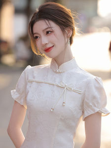 Young Style Short Cheongsam Dress Elegantly Simple Retro Daily Wear Polyester Fiber Short Sleeve Pure Color Summer New Arrival