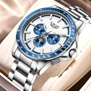 LIGE Fashion Quartz Man Watch Casual Luxury Personality Stainless Band Moon Phase Waterproof Luminous Auto Date Watches Male+Box