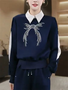 QINGNAER | Sequined Bow Two-Piece Illusion Contrast Trim Sweater