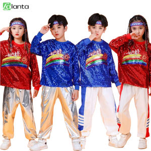 LOlanta Childrens Cheerleading Sequins Performance Costumes Kids Students Group Jazz Dance Hip Hop Street Clothes Stage Girls Boys 4-14Years