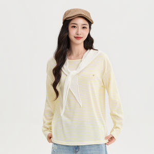 SANFU | Autumn New Style Lightweight Blouse with Metal Badge Detachable Stripes Shawl T-shirt