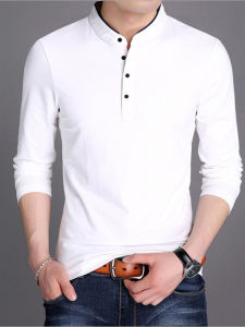 Áo Thun Nam Dài Tay Ôm Vừa Vặn Màu Trơn Thường Ngày Áo Thun Cotton Pha Trộn Thường Ngày Mùa Hè 2025 Áo Thun Cổ Đứng