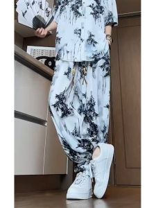 New Chinese Style Ice Silk Mens Shirt Short Sleeve Bamboo Patterned Trousers Summer Fashion Casual Sportswear Set