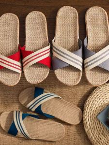 Linen Slippers Womens Summer Indoor Anti-Slip Thick Bottom Soft Bottom All Seasons Couple Cold Slippers Men Couple Home