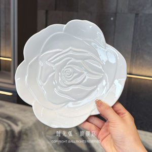 Korean Style Rose Ceramic Bowl Set High End Feeling Rice Salad Dessert Plate Home Use Dining Utensils with Plant Floral Pattern