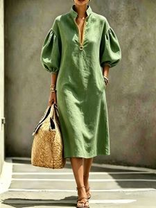 Womens Solid Color Dress Loose Fit Stand Collar Bubble Sleeve Half-Zip Dress Fashion Casual Pocket Long Dresses New In