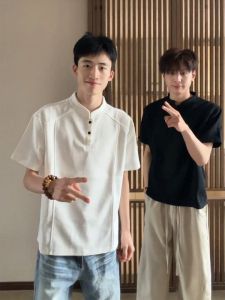 ZHUOCAN | Áo Thun Tay Ngắn Cổ Henry Họa Tiết Plaid Deconstructed