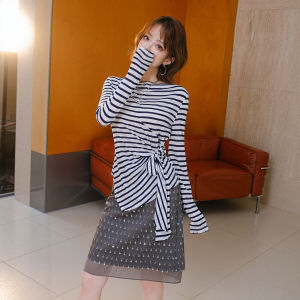 Contrast Stripes Boat Neck Slim Fit Waist Tie Top