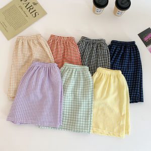 กางเกงขาสั้นผ้าไหมฤดูร้อนเอวสูงสําหรับผู้หญิงหลวมพอดีแลดูผอมสไตล์ลายสก๊อตบางส่วนสบายๆใช้ในบ้านยางรัดเอว