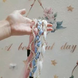 Dây buộc tóc nơ voan đính đá chuỗi ngọc băng đô trang trí tóc nơ gắn đá phối ngọc