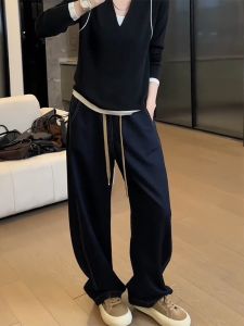 กางเกงยีนส์ขากว้างเอวยางยืดสำหรับผู้หญิงไซส์ใหญ่ ทรงสลิมฟิต ทรงเข็มขัด กางเกงขายาวทรงตรง เอวสูง สีน้ำเงินเข้ม