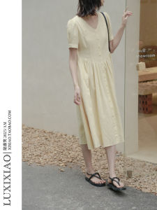 LUXIXIAO Loose Tea Break Dress Button Design Short Sleeve V-neck High Waist A-line Summer Dress Korean Style Pure Color