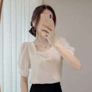 REHIN Summer New Puff Sleeve Square Neck Short Sleeve Chiffon Blouse Comfortable Slim Fit Elegant Womens Top