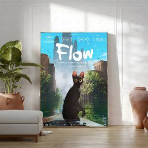 Bandai | Flow 2024 Movie Poster Print For Kids Bedroom Living Room Cute Black Cat Painting Home Decor Cartoon Canvas Painting Wall Art