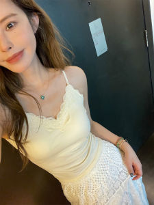 Áo Vest Ren Dây Đeo Tự Làm 4 Màu Có Đệm Ngực Áo Vest Ngắn Thường Ngày Mùa Xuân 2025 Áo Vest Ren Không Tay Dành Cho Nữ