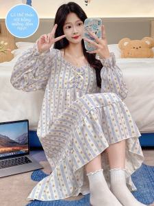 Pure Cotton Vải Bông Đồ Ngủ Nữ Váy Ngủ Dài Tay Có Đệm Ngực Cỡ Lớn Áo Choàng Bà Bầu Thoải Mái Quần Áo Mặc Nhà Phong Cách Công Chúa