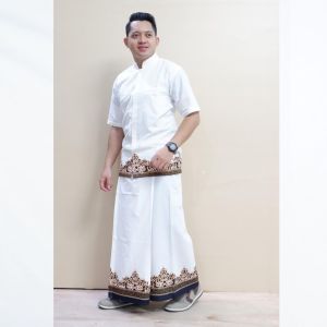 baju muslim pria dewasa baju koko setelan sarung celana batik wisanggeni full furing motif tumpal putih