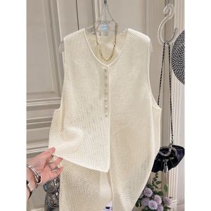 French Chic Summer Thin Large Size Hollow out Asymmetrical Womens Sweater Vest in Apricot Color High-End Feeling Commute Style