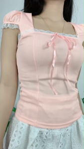 ชุดเซ็ต สไตล์หวานๆ เสื้อแขนสั้นลูกไม้+กระโปรงผ่าลายโปร่ง