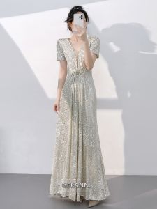 High-end Luxury Designer Evening Dress Silver Sequin