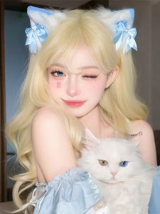 White Gold Color Womens Long Curl Wig Lolita Big Curling Hair JK Lolita Cute Sweet Daily Simulation Full Head Cover
