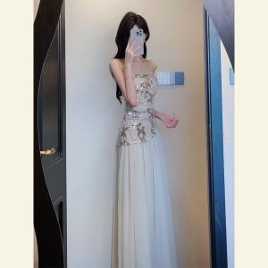 Autumn Winter Elegant Print Bustier Dress Set High Waist A-Line Skirt Korean Style Commute Folded Skirt Regular Sleeveless Slim Fit Citywalk