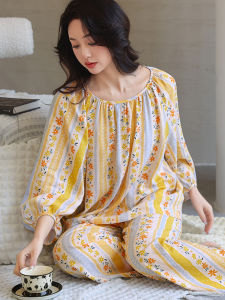 Cotton Silk Sleepwear Women Summer Long Sleeve Loose Thin Home Clothes Set Can Be Worn outside Spring Autumn Lazy Style Suit
