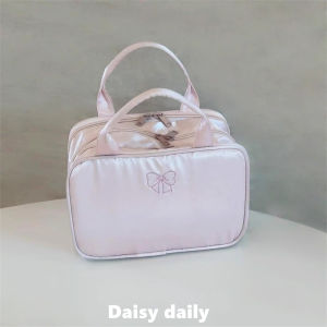 กระเป๋าเครื่องสำอางแบบแยกชั้นพกพา ความจุขนาดใหญ่ กระเป๋าใส่ของสำหรับการเดินทางแบบมีสายสะพายไหล่ ปักลายสุดเก๋สำหรับเด็กผู้หญิง