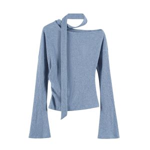 BINKAFENNY | Sweet Spicy Blue Shoulder Bared Long Sleeve Knitted T Shirt Women Early Autumn Waist Cinched Pleated Design Sense Top