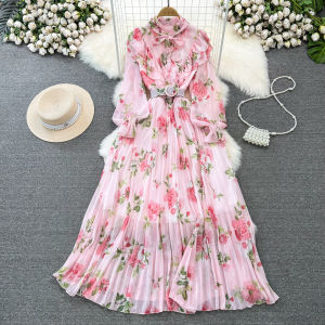 Elegant Long Sleeve A-Line Midi Dress with Pleated Skirt Waist-Cinching Chiffon Gored Hem Korean Style Commute Floral Print