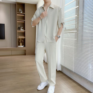 Fashionable Casual Shirt Set for Men Summer Thin Lightweight Business West Pants One Piece Youth Polyester Long Sleeve Long Pants