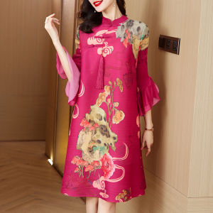 Váy Sườn Xám Cổ Điển Mới Thời Trang in Hoa Cỡ Lớn Cho Mẹ Mùa Thu Phong Cách Mẹ Váy Chữ a Tay Áo Dài Đến Giữa Bắp Chân