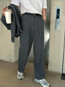 Trendy Loose Straight Leg Mens Suit Pants Elastic Waist Korean Style Casual Long Trousers Floor-Length Youth Polyester Blend