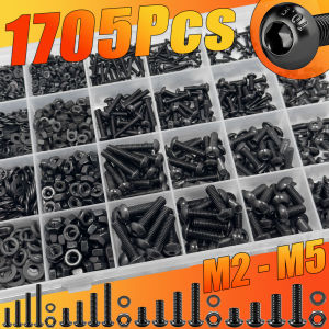 1705PCS Hex Button Head Screw Kit - M2 M3 M4 M5 Bolts Nuts Lock/Flat Washers 10.9 Steel Storage Case for DIY & Repair
